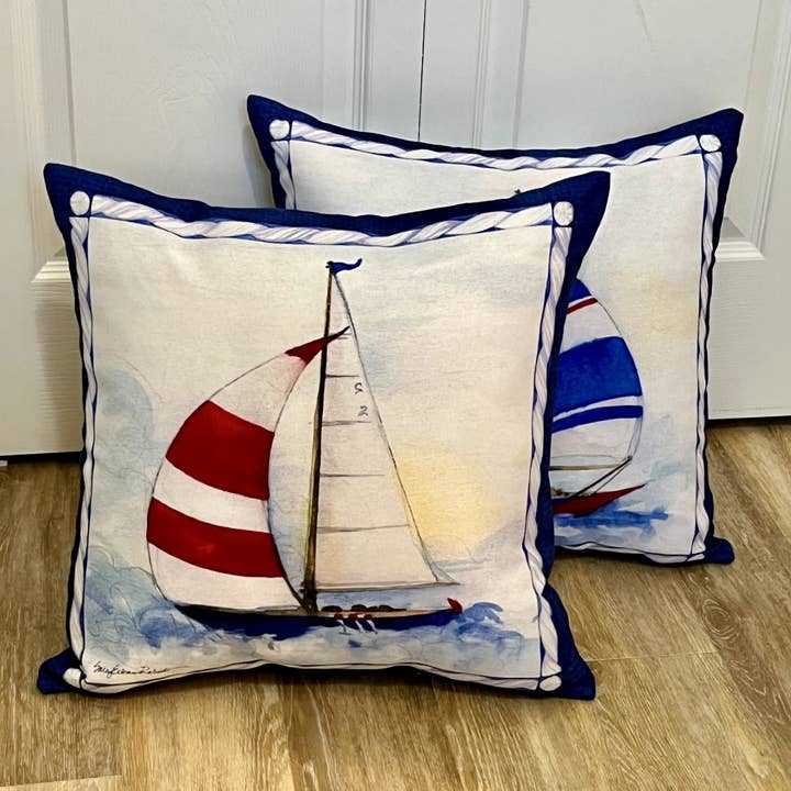 Bamboo Table - Wholesale Throw/Decorative Pillow - Sailboat Nautical Indoor/Outdoor Pillow Machine Washable