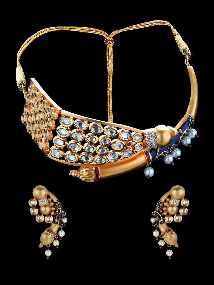 Gold Studded Jewellery Set with American Diamonds for wholesale by Mehr by Pretty