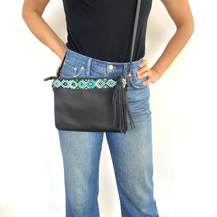 Virginia Crossbody - Turquoise Diamond w/Black Leather for wholesale by arloom