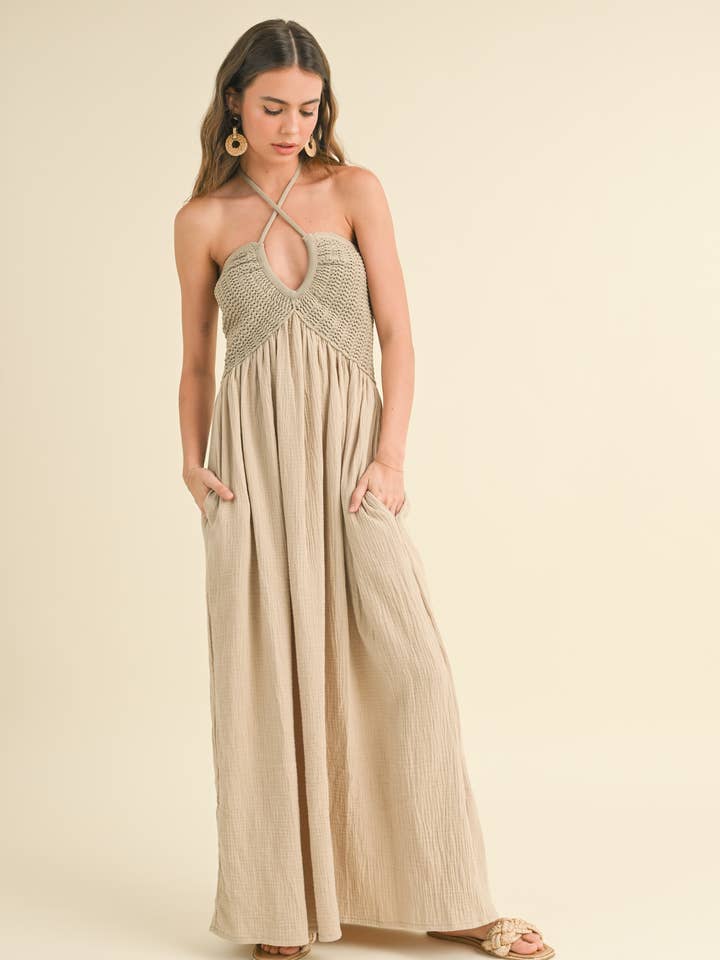 MIOU MUSE - Wholesale Dress - Women's - D3449 WASHED GAUZE WITH CROCHET TOP CONTRAST DRESS
