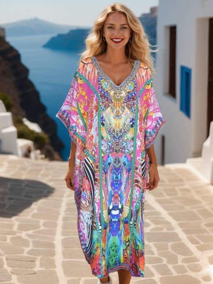 Long Silk Embellished Box Kaftan-Peacock for wholesale by Kaftans that Bling