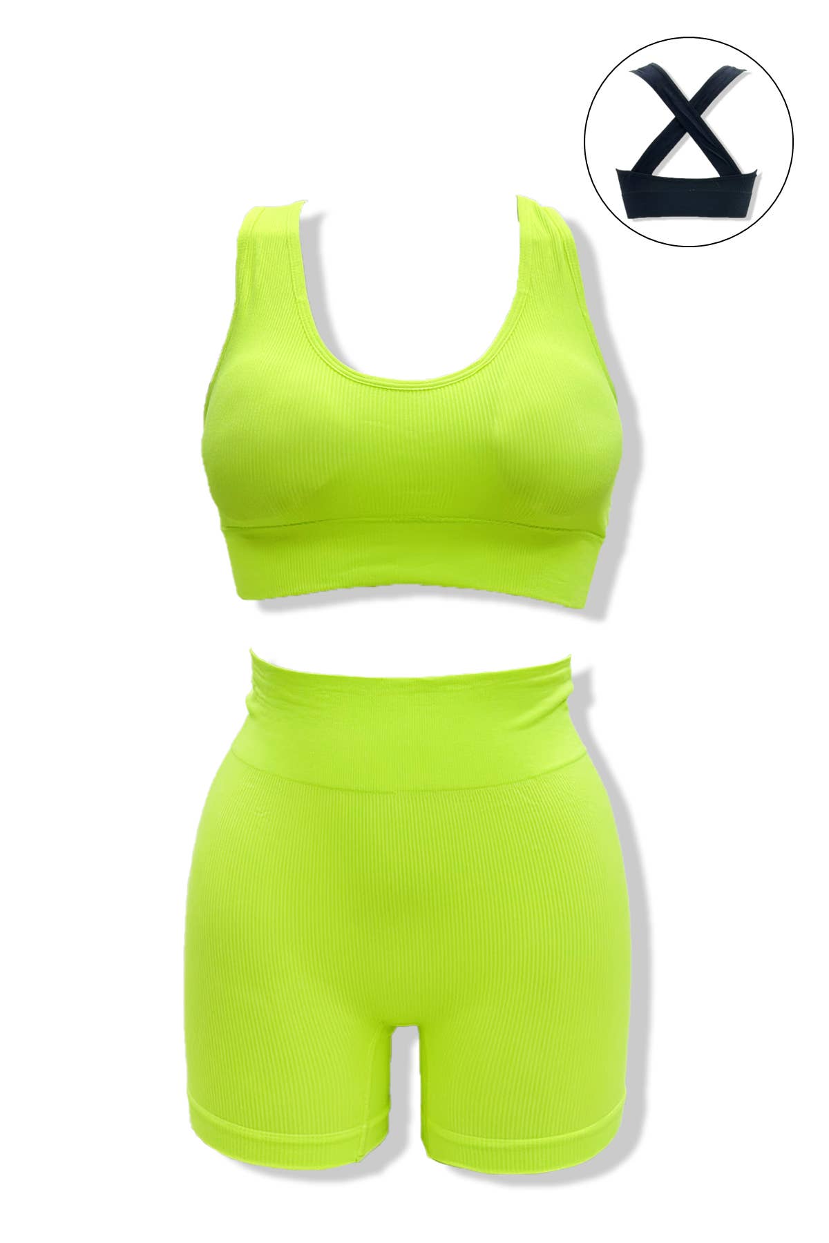 Belle Com'Elle – Großhandel Sportbekleidungsset – Damen – Geripptes Sportset mit Überkreuz-BH und Radlerhose5