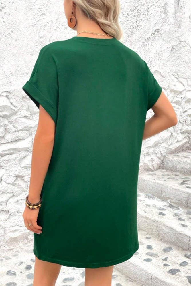 UNISHE - Wholesale Dress - Women's - Plain Fold Cuff Pockets Round Neck T-Shirt Dress ZK13337