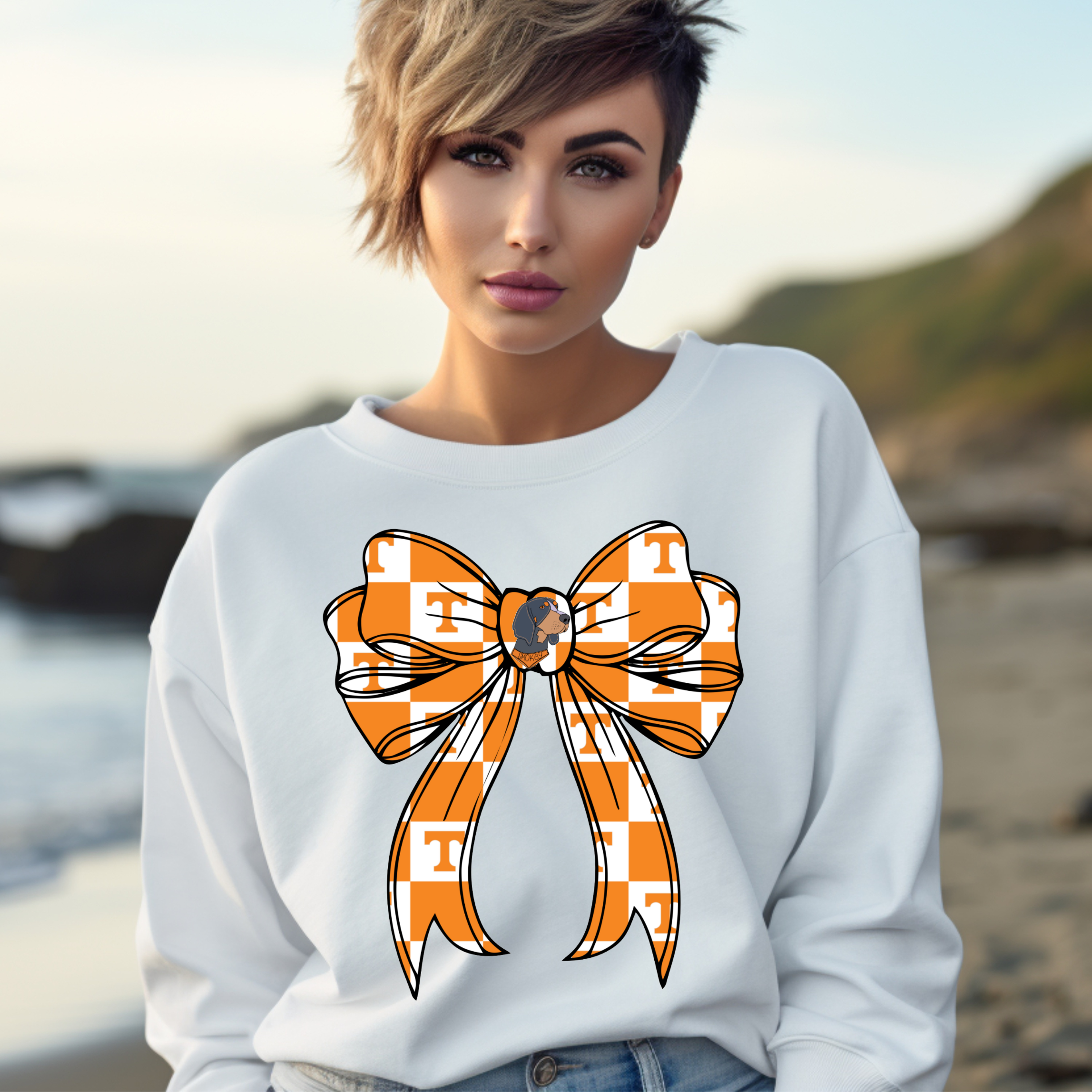 Top Knot Apparel - Wholesale Graphic Sweatshirt - Women's - Tennessee Volunteers Bow Sweatshirt | Smokey Mascot & Checkerboard Game Day Crewneck1