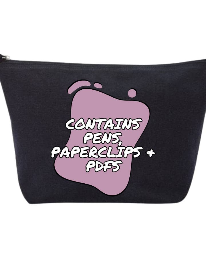 Contains Pens, Paperclips & PDFs – 100% Recycled Cotton Accessory Bag for wholesale by Reyt Designs