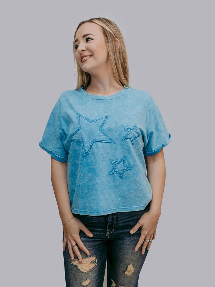 MK407 Star SS Acid Washed Fabric Tape Embroidery Crop Tee for wholesale by Merigold Kiss