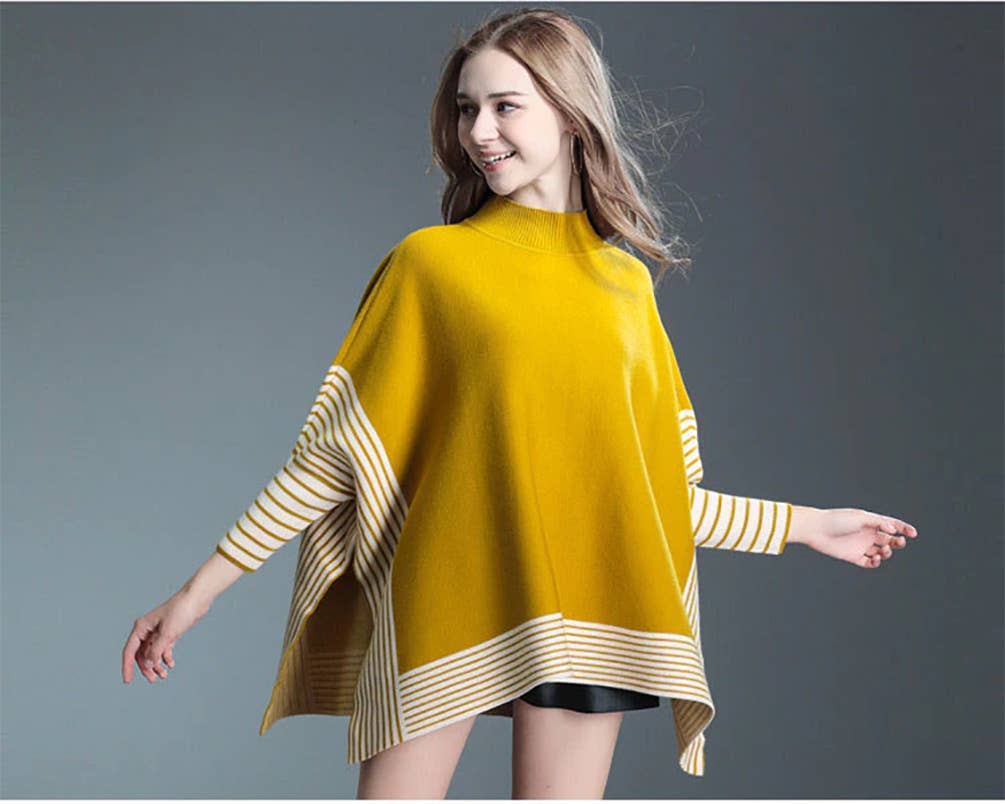 Fennco Styles – wholesale Poncho - Dam – Randig stickad pullover med fladdermusärm poncho-tröja5