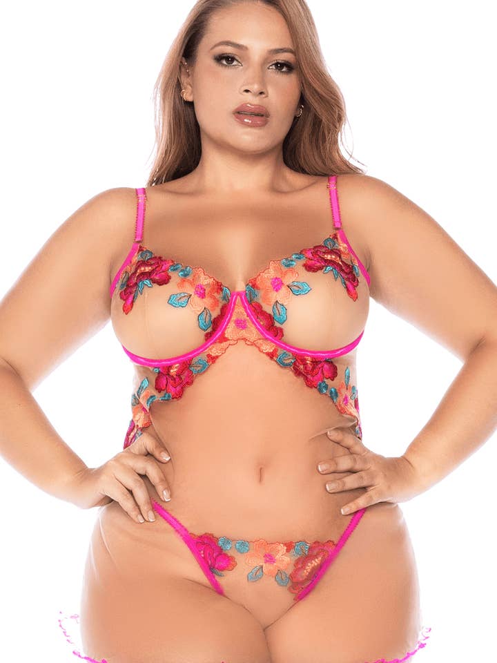 Pink Plus size fishnet and floral lace bodysuit -MAL7609XSEGA for wholesale on Faire