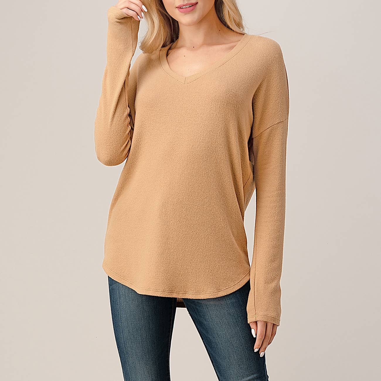 Heimious - Wholesale Knit Top - Women's - Long Sleeve V-neck Brushed Knit Top, 273837
