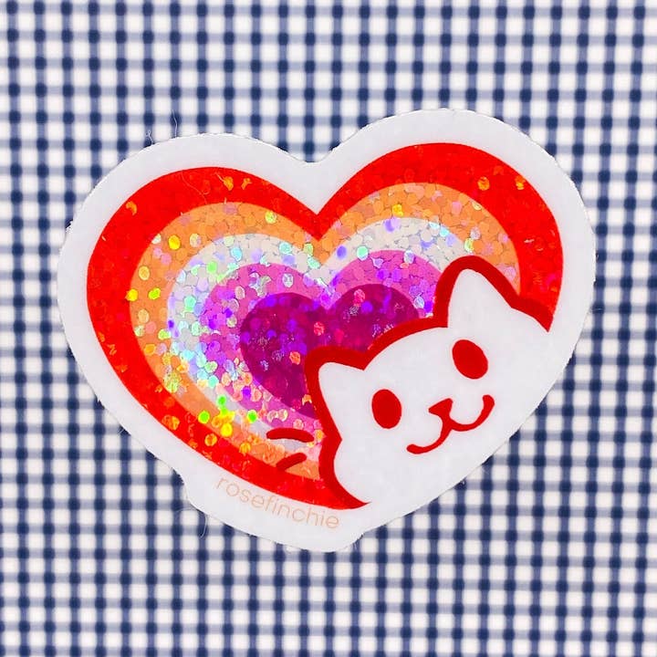Lesbian Pride Cat Heart - 2” LGBT Glitter Sticker for wholesale by rosefinchie
