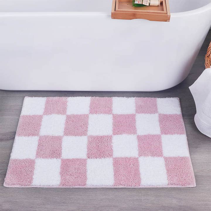 Modminzen Checkered Pink & White Bath Mat Tufted- Cute for wholesale by Modminzen