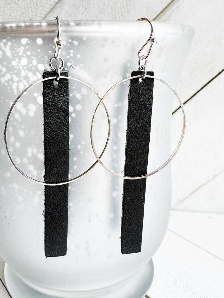 Silver + Black - Leather Bar + Metal Circle Earrings for wholesale by Boho By Design