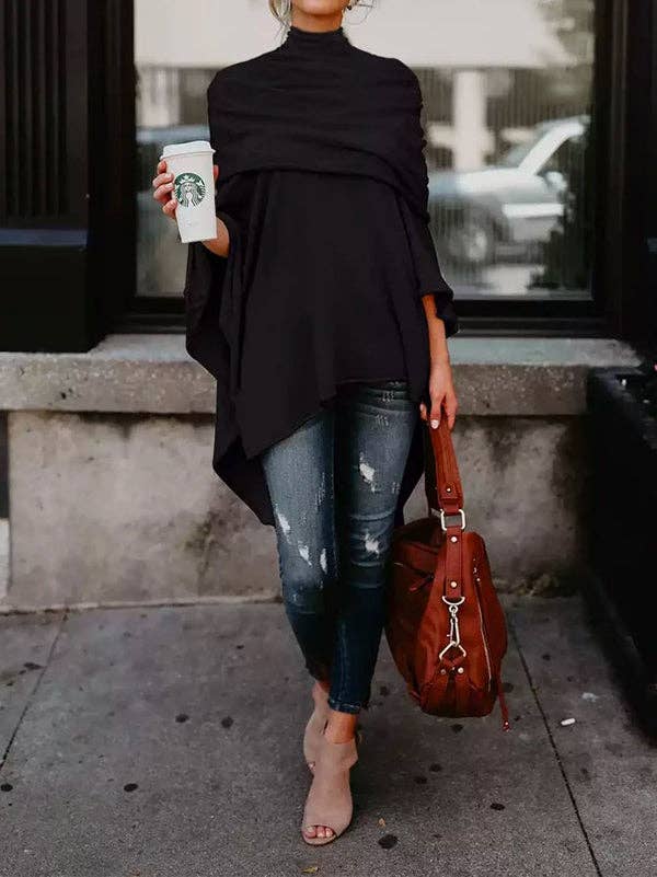 SVART Avslappnade asymmetriska enfärgade T-shirttoppar med hög hals för wholesale på Faire1