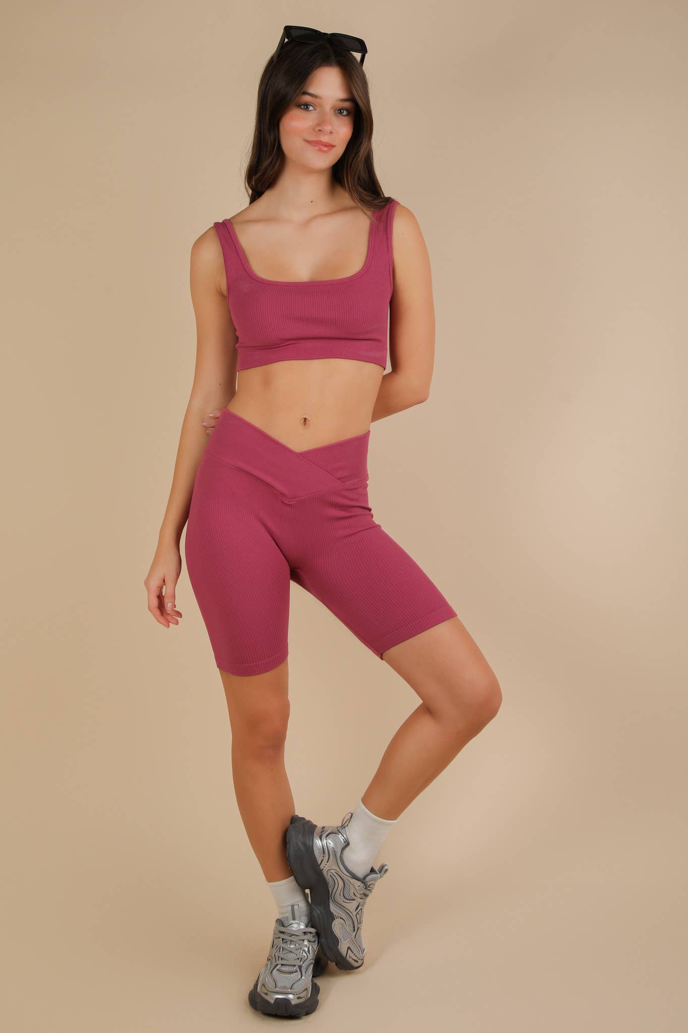VERY J - Wholesale Activewear Set - Women's - NT12145SET-Ribbed Knit Activewear Top & Shorts Set4