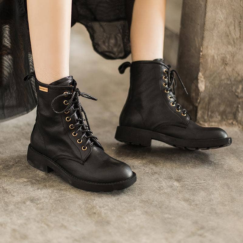 DWARVES – Großhandel Combat Boots – Damen – Modische Kampfstiefel aus Lammfell, Designer-Retro-Reitstiefel, dickes Design, Kaffee/Dunkles Kaffee/Schwarz6