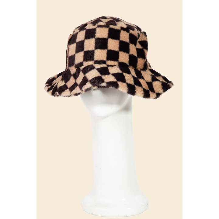 Anarchy Street - Wholesale Bucket Hat - Women's - Checkered Print Fur Bucket Hat