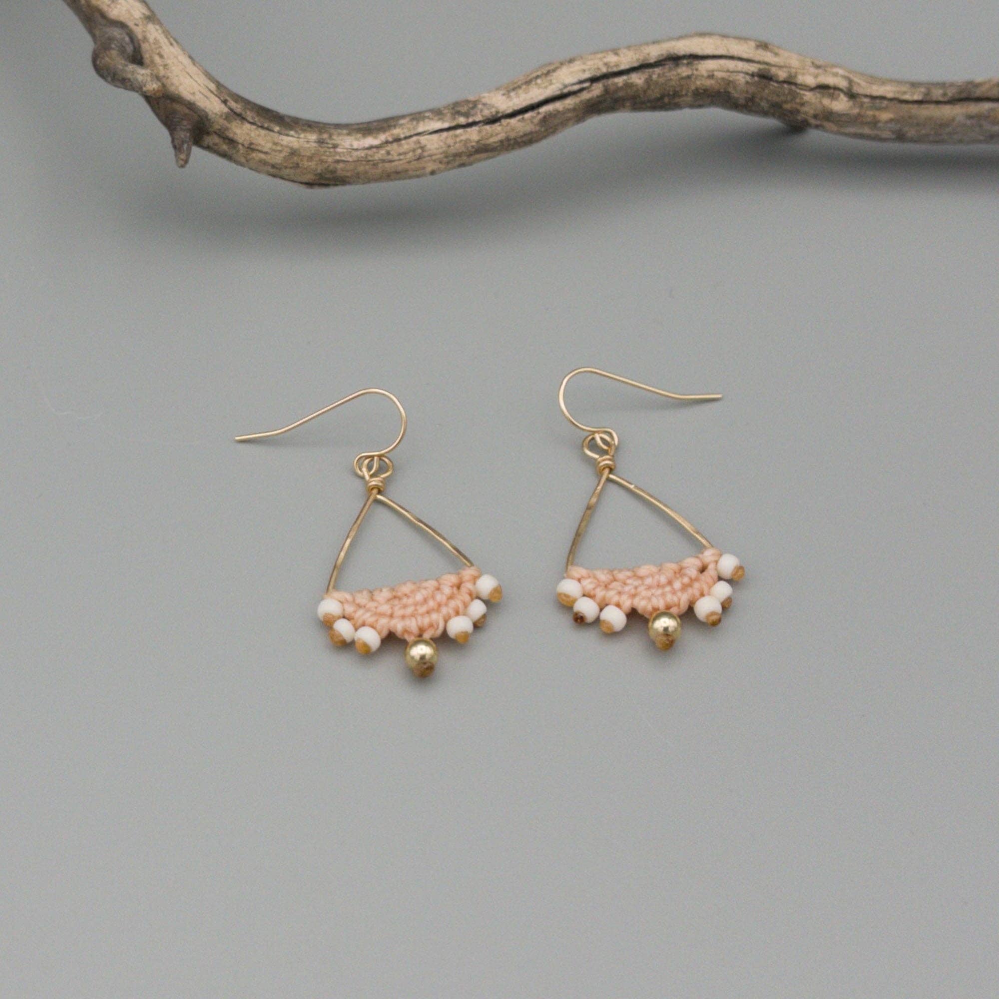 The Stitch Alliance - Wholesale Dangle Earrings - Luna Triangle Hoop Peach Macrame Earrings - Gold Fill2