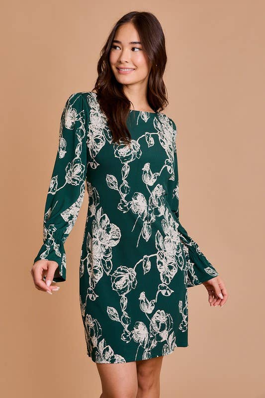 Floral Vert Forêt ROBE À IMPRIMÉ FLORAL AVEC MANCHES LONGUES À VOLANTS en vente sur Faire0