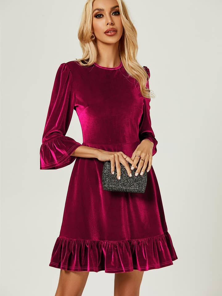 Velvet Frill Detail Mini Dress In Violet for wholesale on Faire4