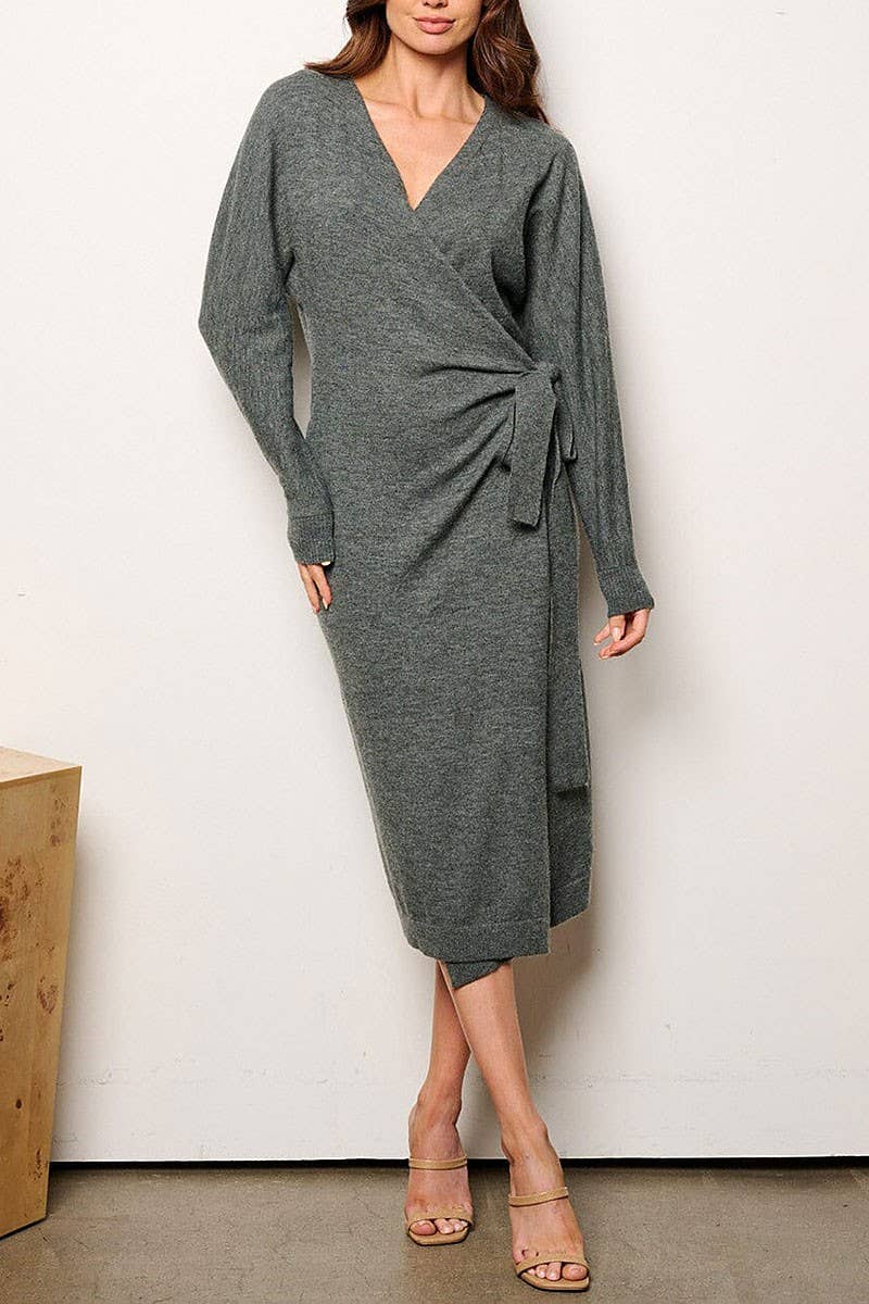 ROUSSEAU - Wholesale Dress - Women's - LONG SLEEVE WRAP FRONT WAIST TIE MIDI DRESS4