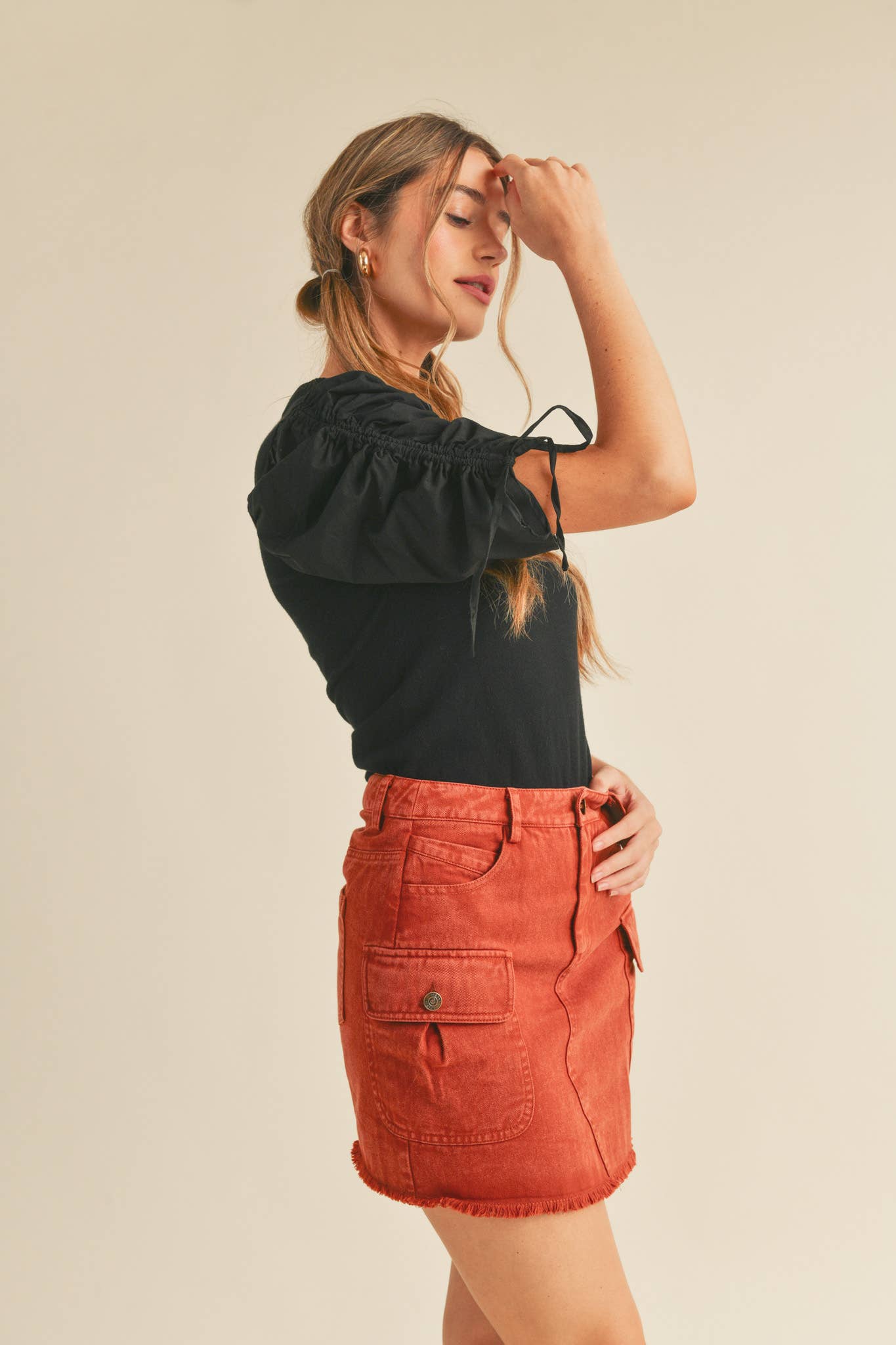 &MERCI - Wholesale Knit Top - Women's - RUCHED SLEEVE MIXED MEDIA TOP MSW246421