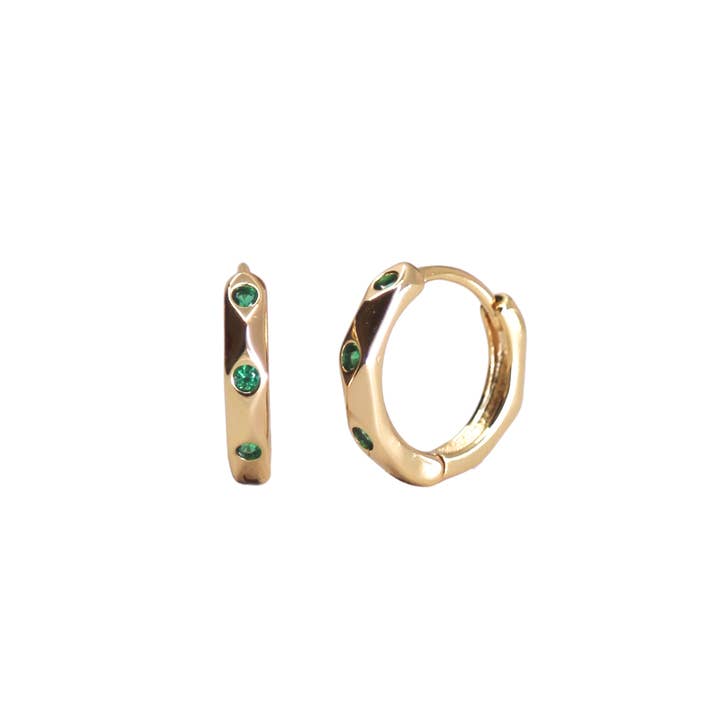 Lyman Emerald Green Dotted Hoop Earrings Gold Huggie Clicker for wholesale by Mineral and Matter