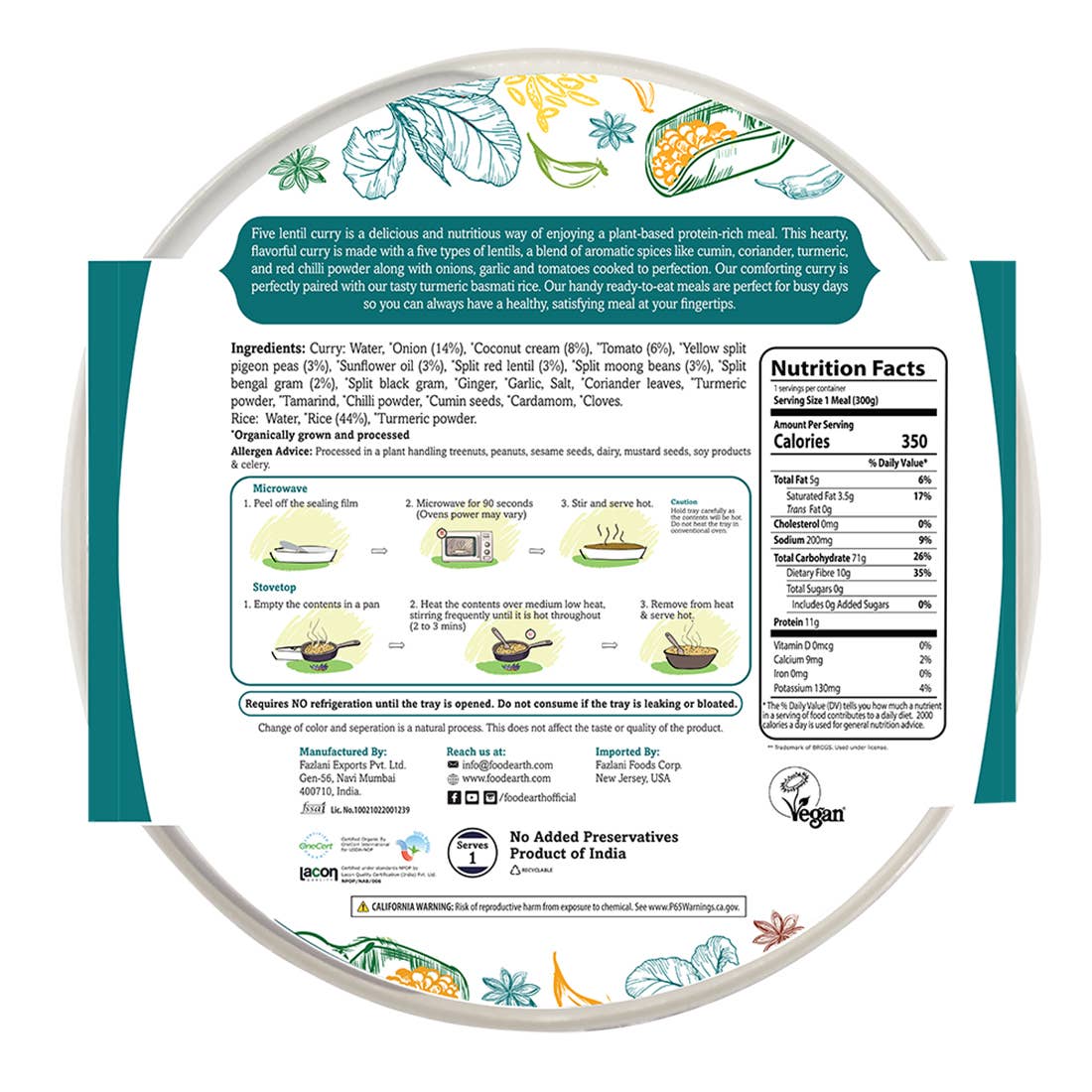 Food Earth - Vendita all'ingrosso Pasti pronti a lunga conservazione - Curry di Cinque Lenticchie Biologico con Riso alla Curcuma1