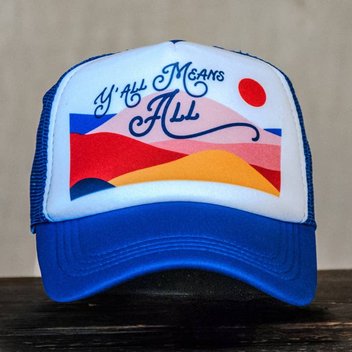 Ready to Ship | Trucker Hat | Hand Printed | Y'all Means All | Blue Hat for wholesale by In Blue Handmade