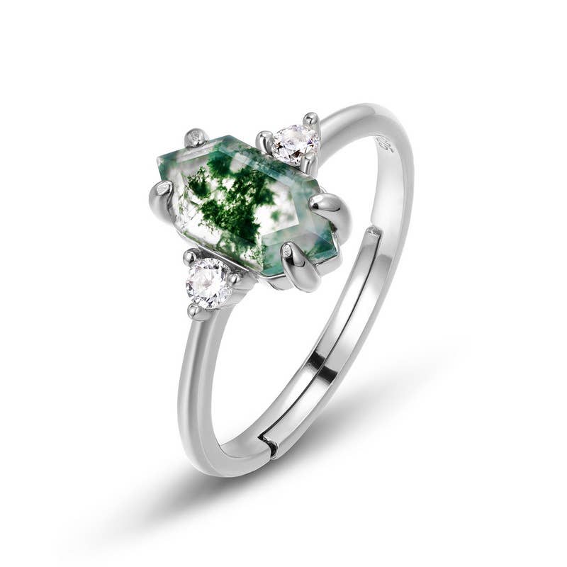 Gioiellin - S925 Silver Jewelry - Wholesale Single Stone/Solitaire Ring - 925 Sterling Silver Green Moss Water Grass Agate Ring