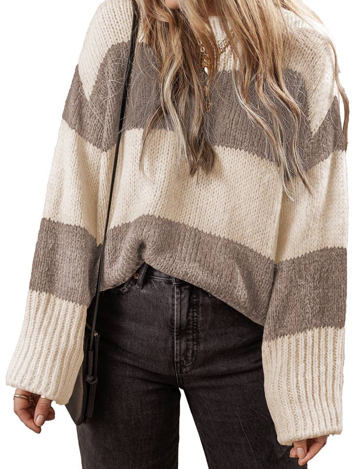 Simply Taupe Colorblock Stripe Pullover Sweater for wholesale on Faire