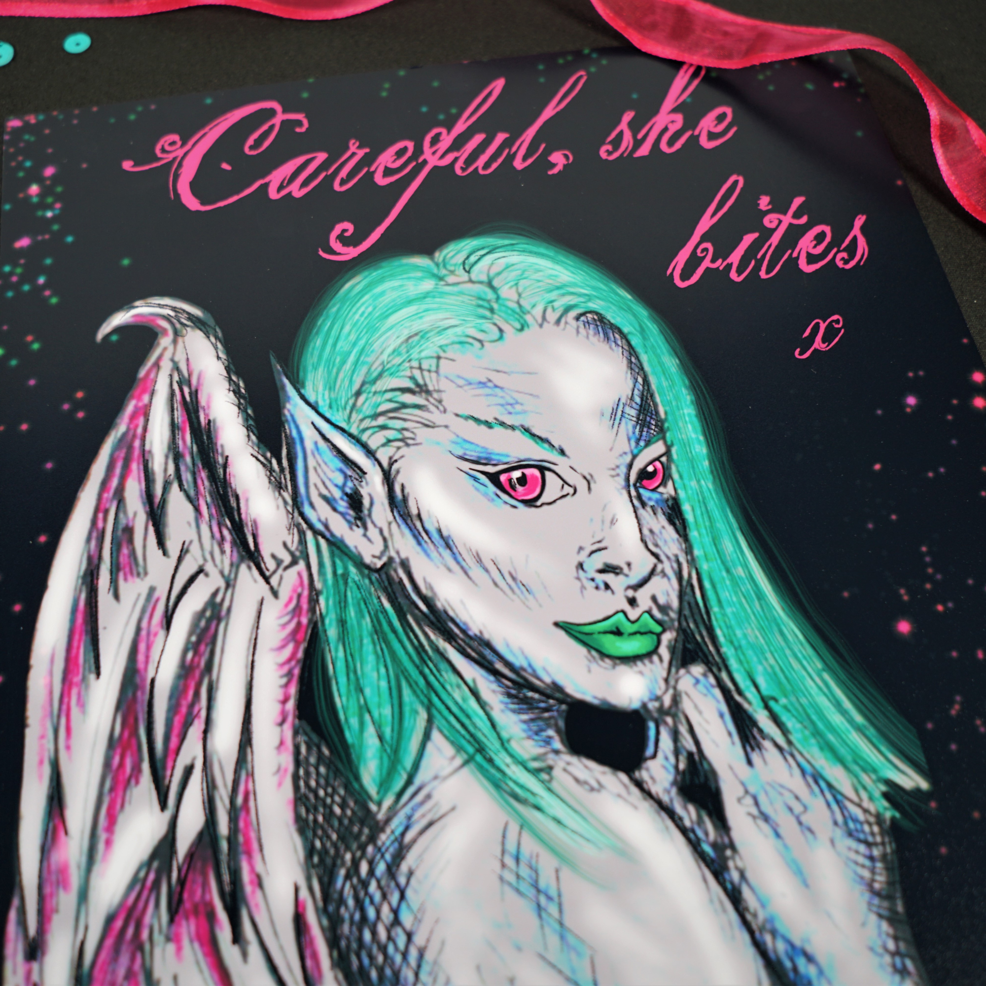 Hannah Kate Makes - Wholesale Art Print - Dark Angel Art Print - Careful She Bites - A5/A4  Pink/Green4