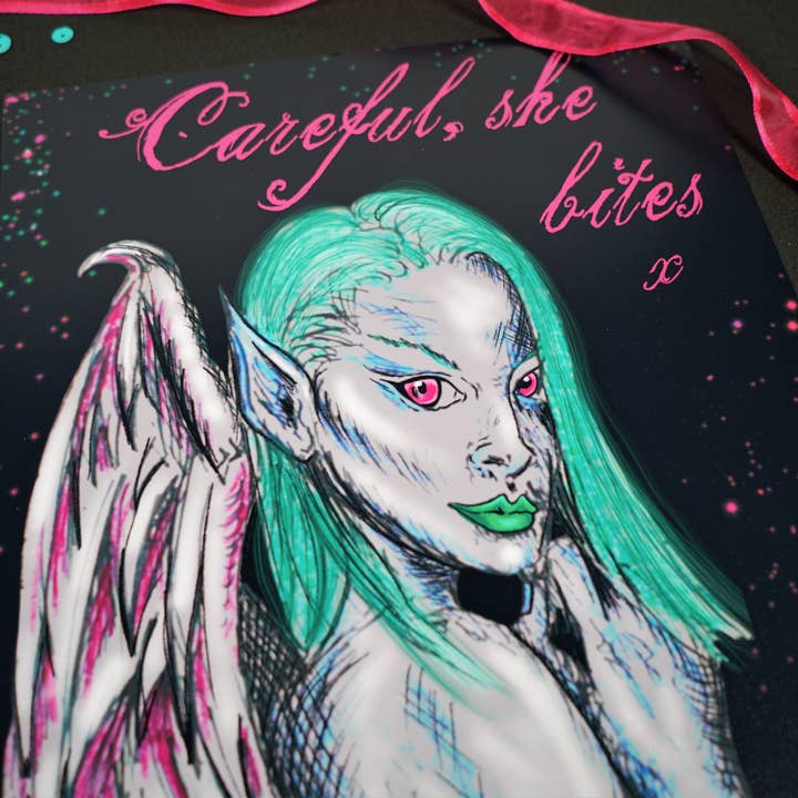 Hannah Kate Makes - Wholesale Art Print - Dark Angel Art Print - Careful She Bites - A5/A4 Pink/Green4