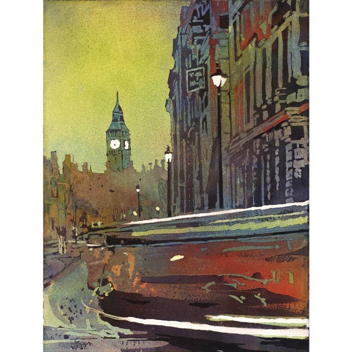 Big Ben i byen London, England. Kunst akvarel af Big Ben i London, UK. Big Ben akvarel maleri landskabskunst (print) for engroshandel hos Ryan Fox Fine Art
