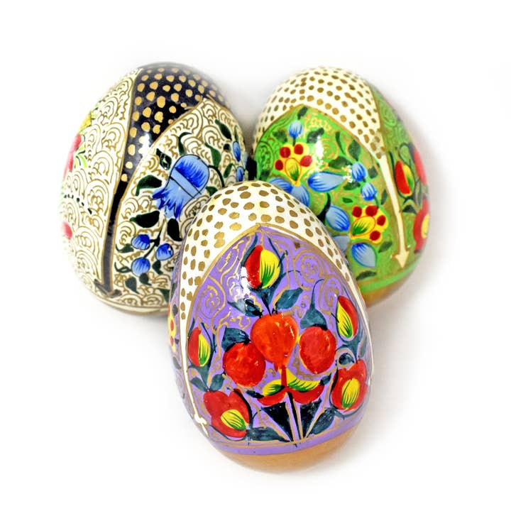 Assorted Large Handmade Wooden Easter Eggs Floral Kashmiri for wholesale by Fair to Trade Ltd