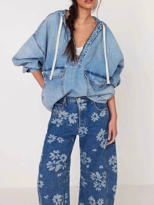 Blue Washed Denim Hooded Jacket Relaxed Mid Weight N5Z297 for wholesale on Faire1