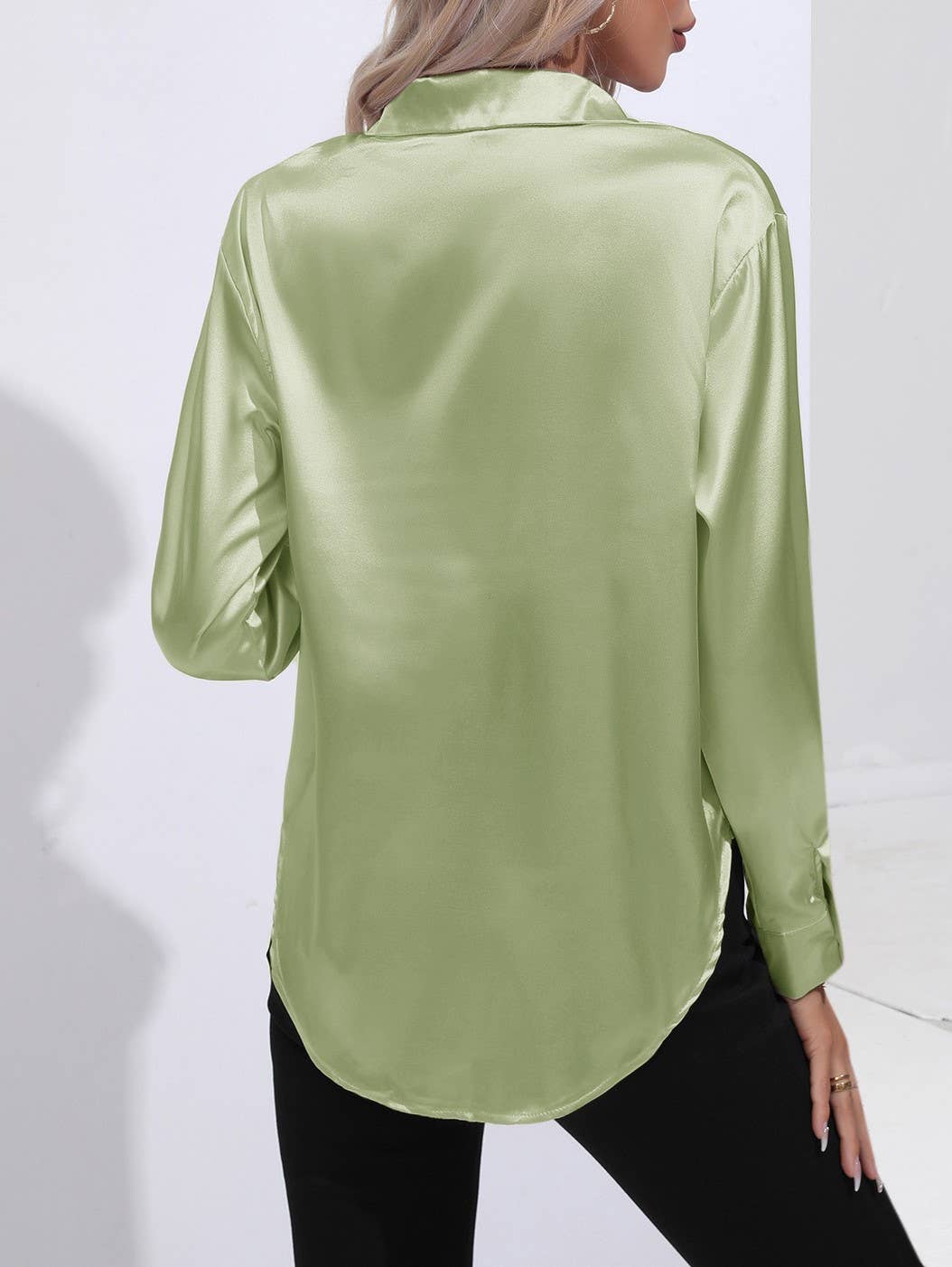 HIDDENBRAND - Wholesale Button Down Shirt - Women's - Satin Faux Silk Long-Sleeved Shirt15