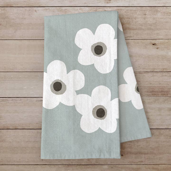 White Floral Cotton Tea Towel – Sunwashed Teal Kitchen Decor for wholesale by Susan Case Designs