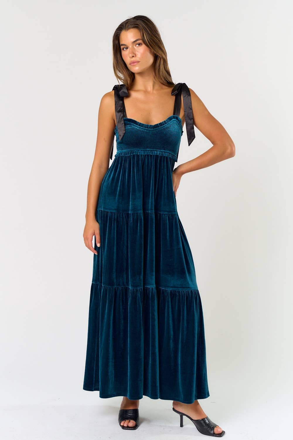 Lalavon - Wholesale Dress - Women's - ILD5094 VELVET SATIN BOW SHOULDER TIE MAXI DRESS 6