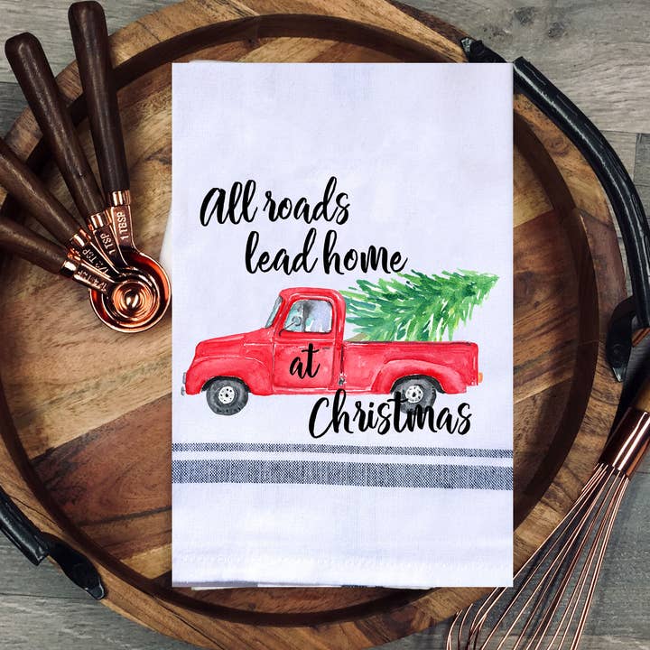 Toalha de cozinha All Roads Lead Home at Christmas Red Pickup Truck por atacado de Moss Rose Designs