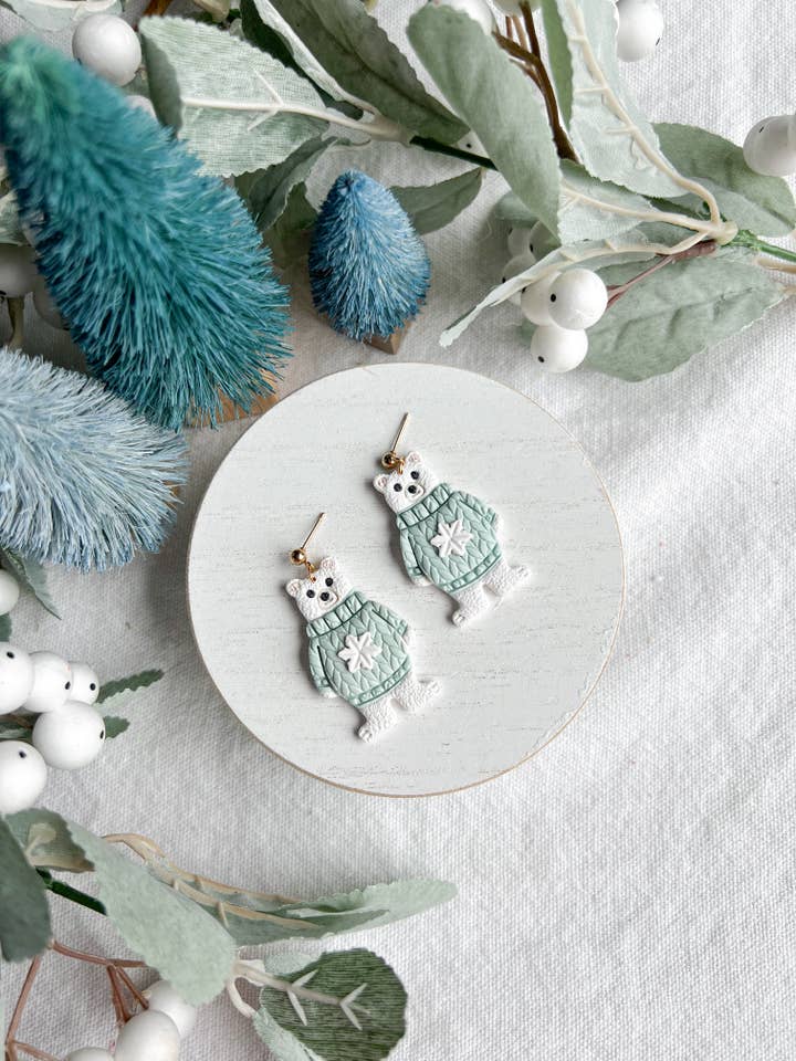 Fuzzy Snowflake Sweater Polar Bear Polymer Clay Earrings for wholesale by Morning Dew Designs