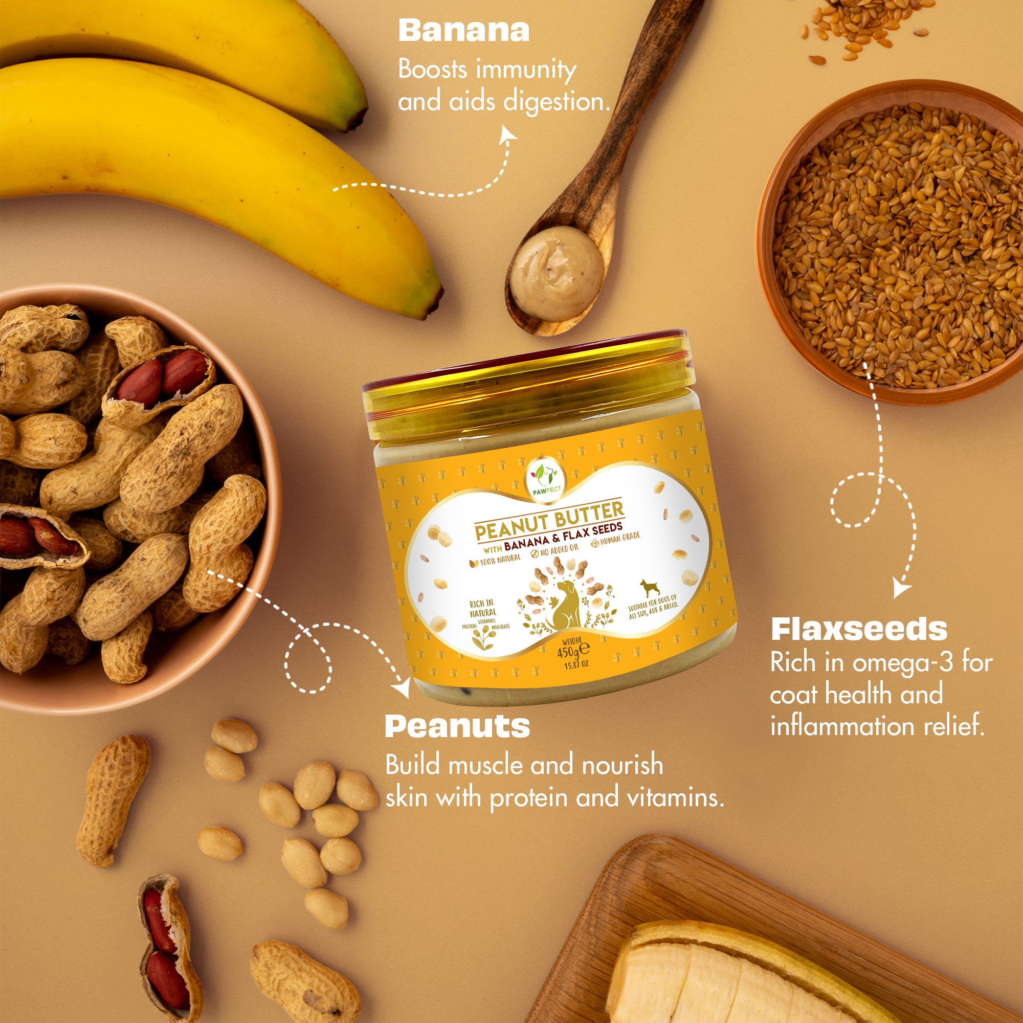 Pawfect Foods - Vendita all'ingrosso Snack - Cani - Burro di Arachidi con Banana e Semi di Lino per Cani e Cuccioli | 100% Naturale | Senza Zucchero, Sale, Olio di Palma | Senza Dolcificanti, Senza Xilitolo | Snack Sano per Cani3