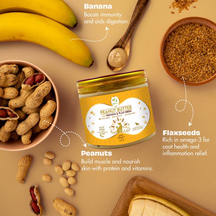 Pawfect Foods – wholesale Godis - Hund – Pawfect Jordnötssmör med Banan & Linfrön för Hundar & Valpar | 100% Naturligt | Inget Tillsatt Socker, Salt, Palmolja | Inga Sötningsmedel, Ingen Xylitol | Hälsosamt Hundgodis3