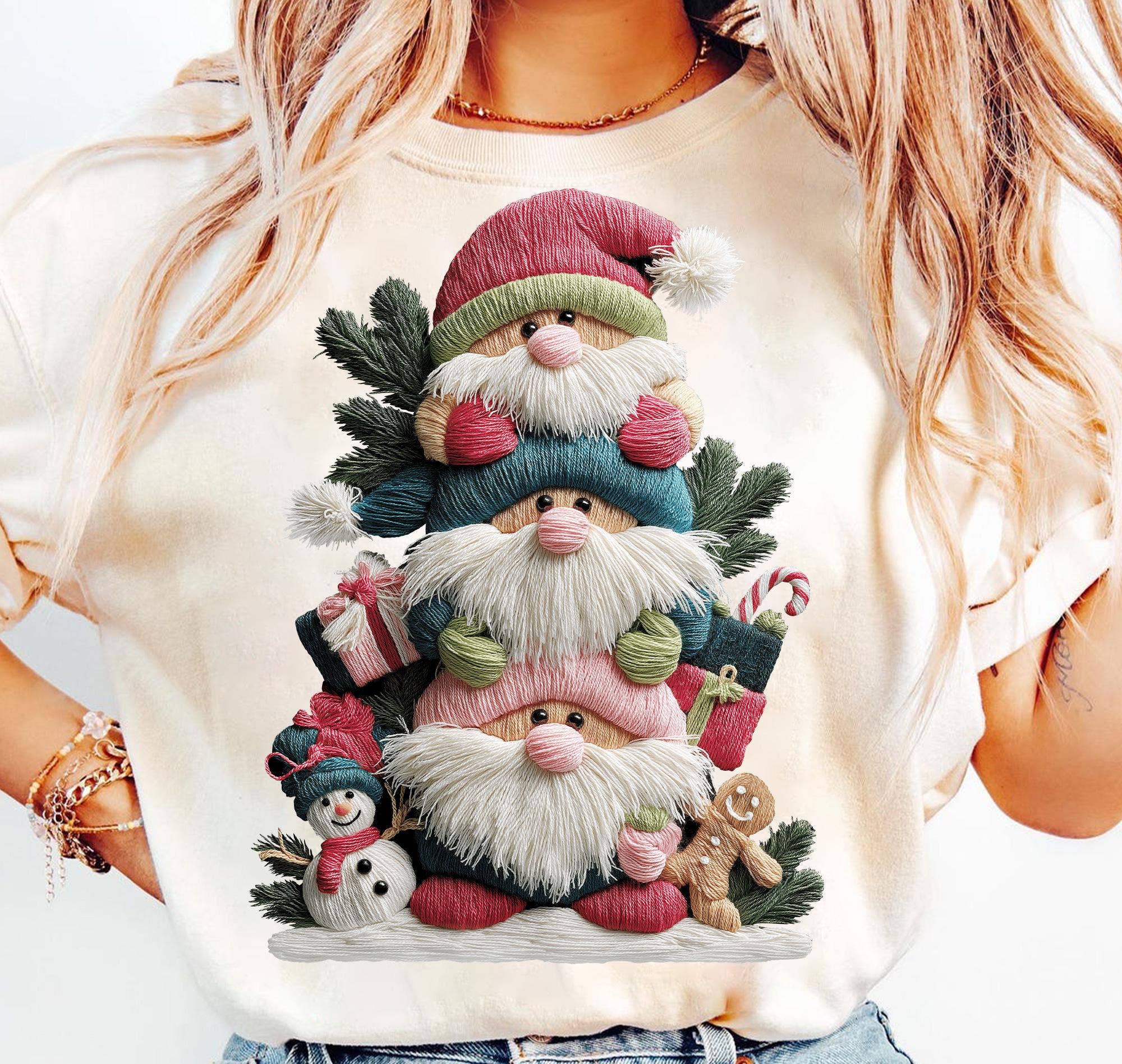 DLT Ecommerce - Wholesale T-shirt (graphic) – women's - Faux Yarn Crochet Christmas Gnomes Tee, Xmas Gnome Sweater