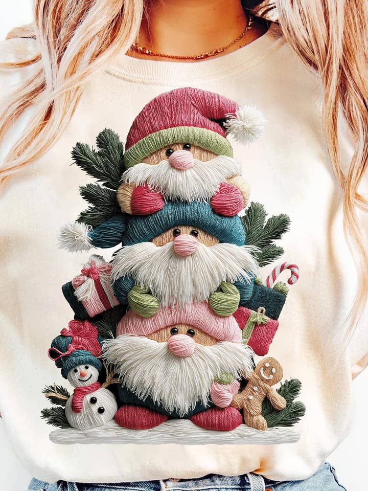 DLT Ecommerce - Wholesale T-shirt (graphic) – women's - Faux Yarn Crochet Christmas Gnomes Tee, Xmas Gnome Sweater0