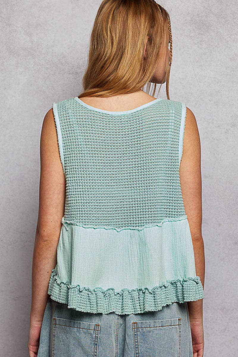 Pol Clothing - Wholesale Knit Top - Women's - Sleeveless contrast thermal cropped babydoll top SALE3