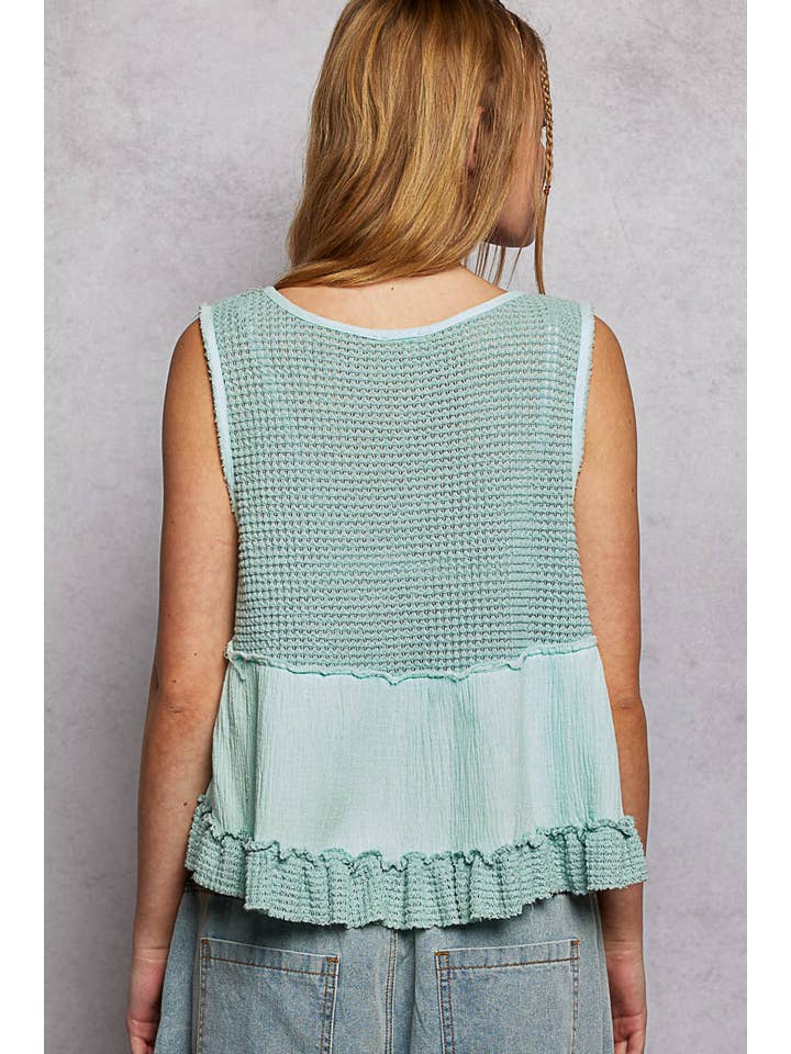 Pol Clothing - Wholesale Knit Top - Women's - Sleeveless contrast thermal cropped babydoll top SALE3