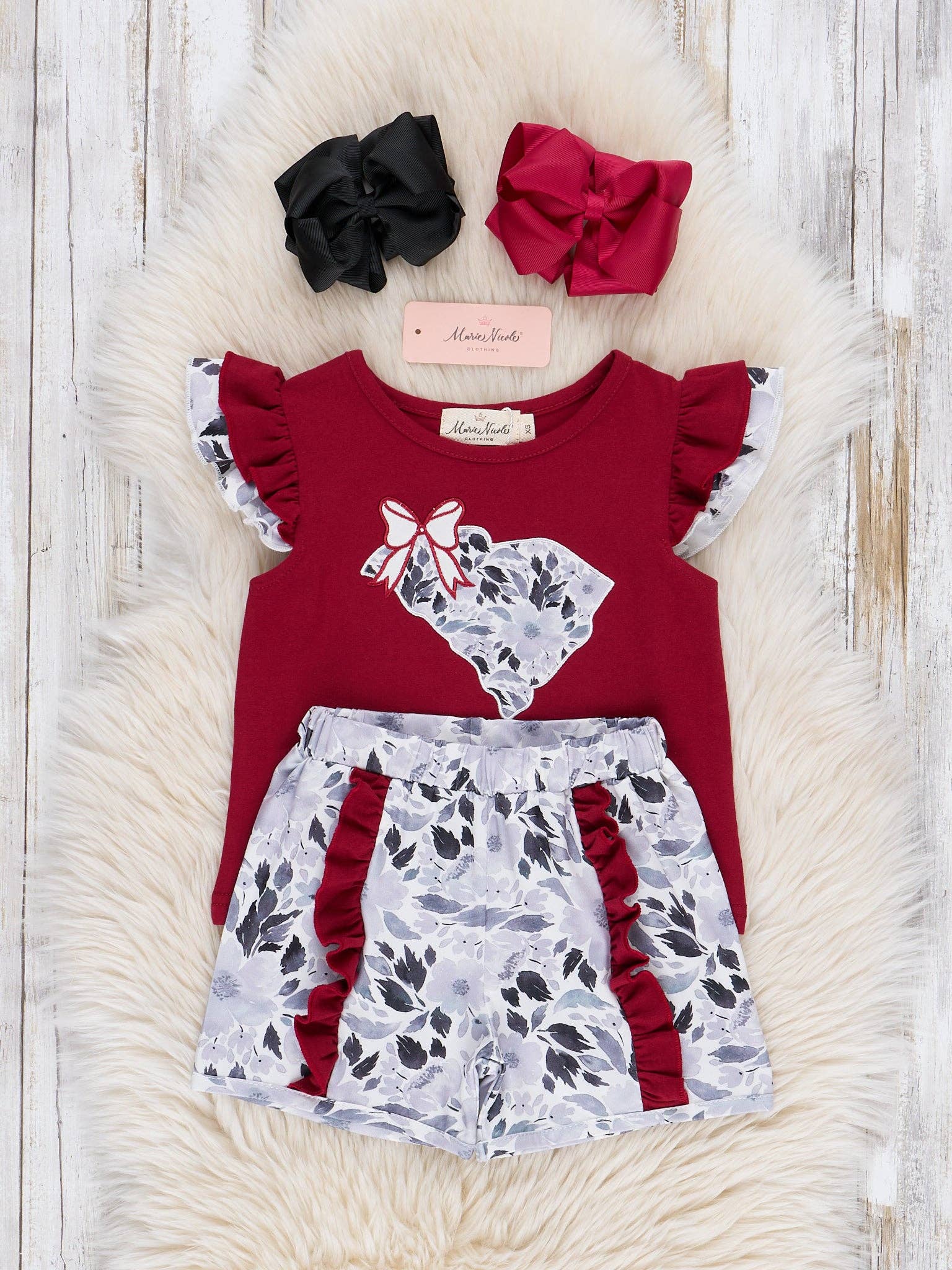 Marie Nicole Clothing - Wholesale Top & Short Set - Kids - South Carolina Embroidered Floral Ruffle Outfit1