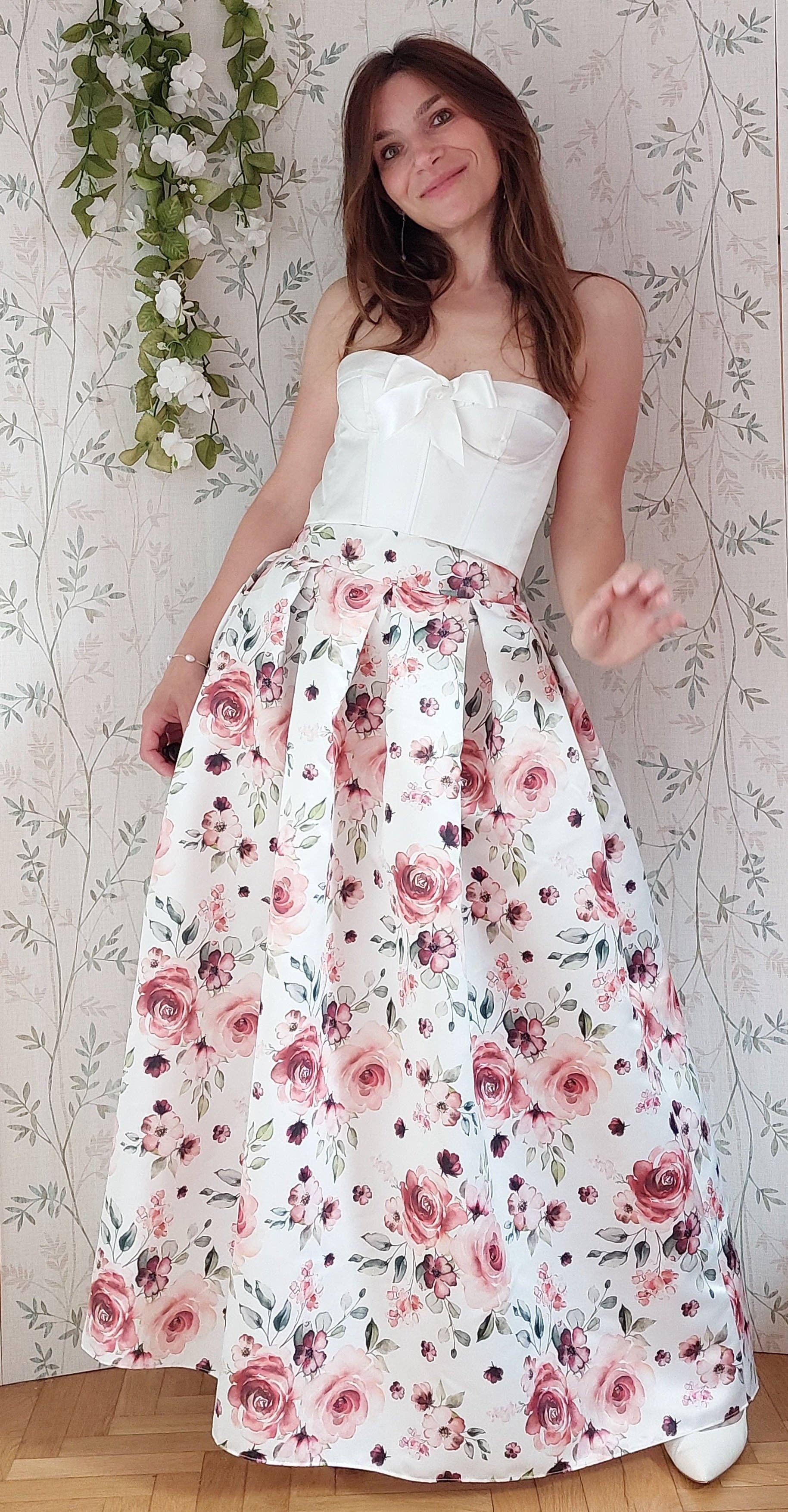 EgoChic Milano – Engroshandel Nederdel - Dame – Sabrina plisseret nederdel i 1950'ernes stil, „Rose fantasy“ (var. hvid base)0