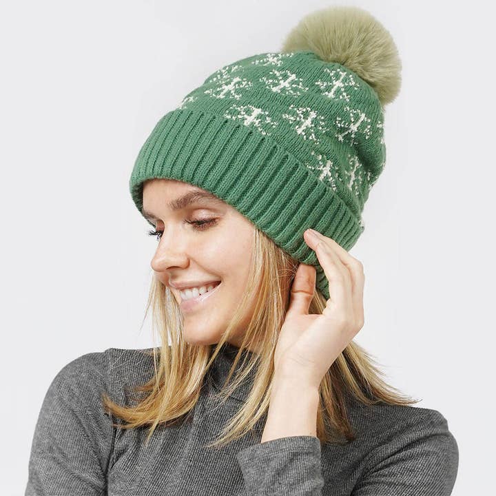 Wona Trading, Inc. - Wholesale Beanie - Women's - Snowflake Patterned Faux Fur Lining Knit Pom Pom Beanie Hat