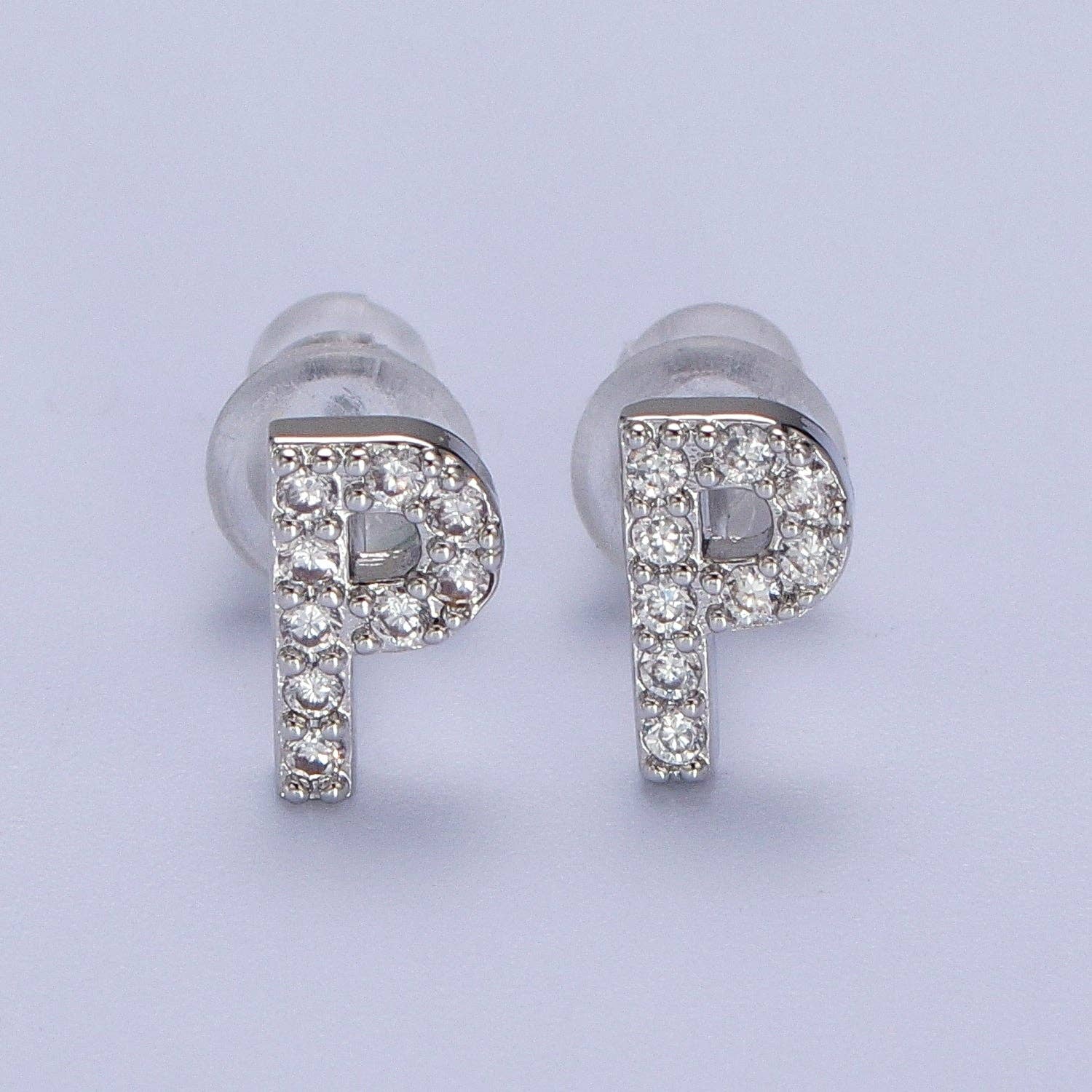 Aim Eternal - Wholesale Stud/Post Earrings - White Gold Filled Tiny Initial Letter Diamond CZ Silver Stud15